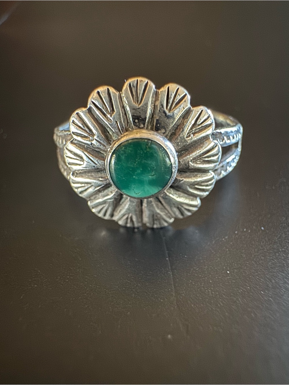 Green Turquoise Flower Ring Engraved Silver Floral Size 5.5
